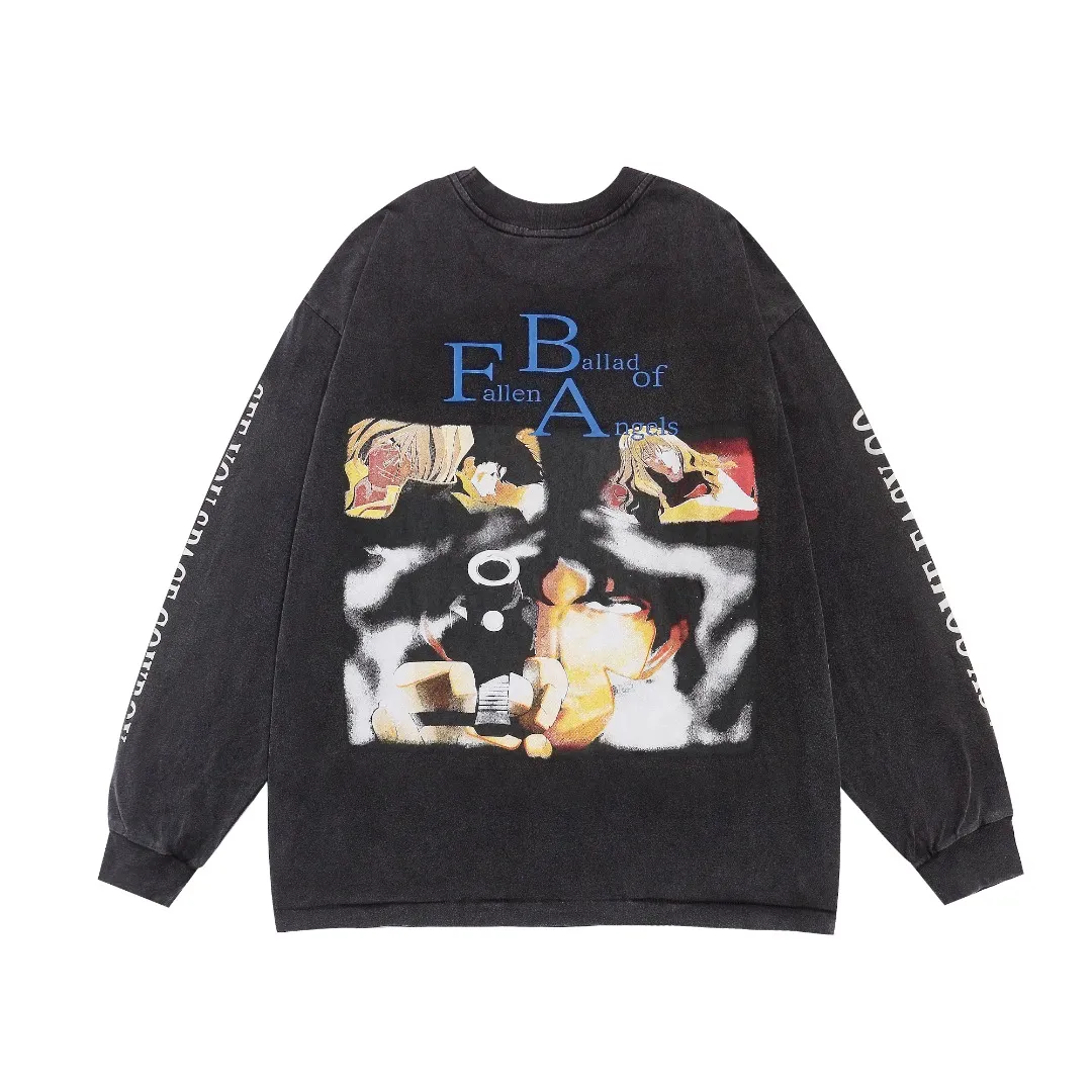 American fashion Saint Michael planet denim co-branded retro washed, distressed, splashed ink loose long-sleeved bottoming T-shirt Fabric: 260g Style number: SM19 Size: S-M-L-XL Color: Black Price: P156